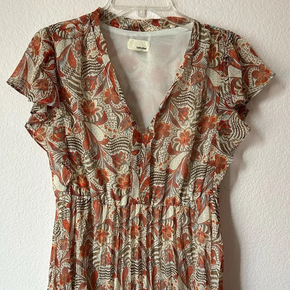 TheKorner Floral Midi Dress fully lined color rust size S vneck cap sleeve - Picture 3 of 10